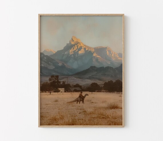 Vintage Dinosaur Cowboy Oil Painting Print