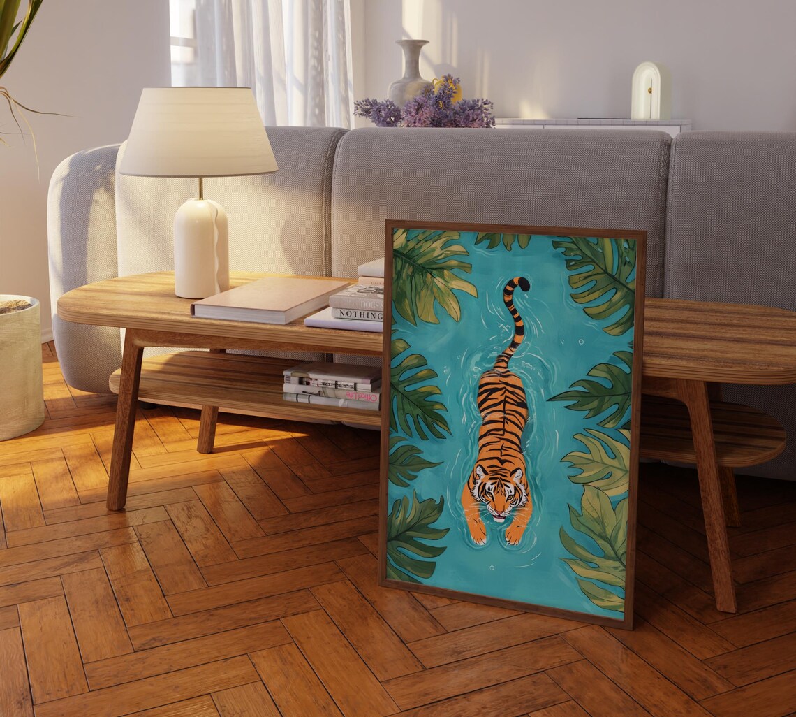 Tiger Swimming Down a Turquoise River Monstera Leaves Poster - Image 2