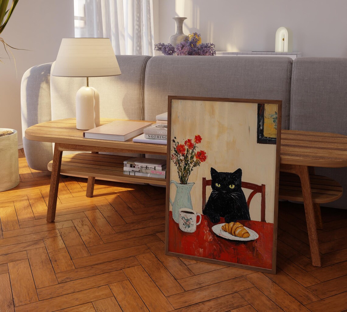 Black Cat at Red Bistro Table with Coffee Mug and Croissant Print - Image 2