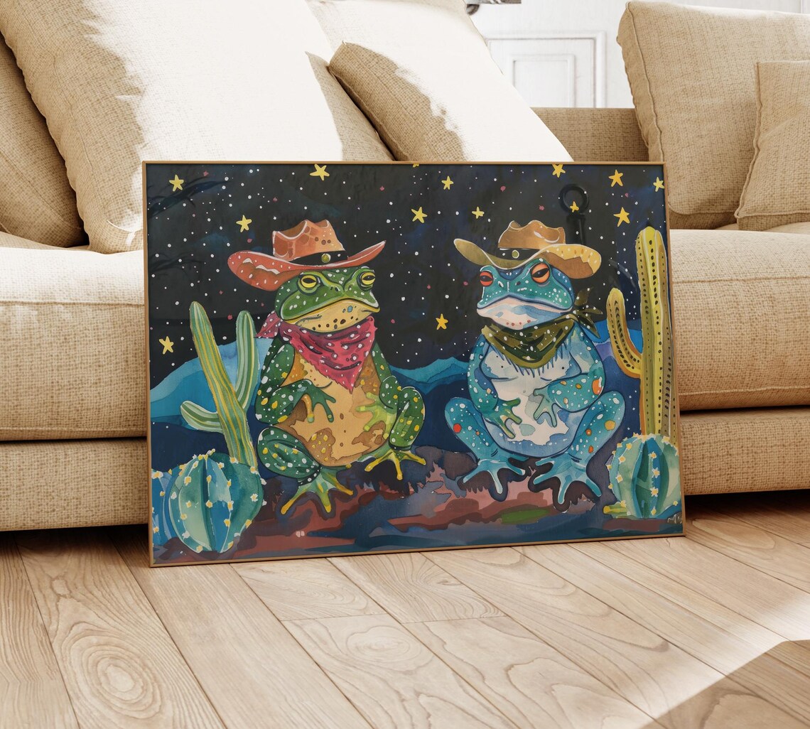 Cowboy Frogs Oil Painting Poster with Starry Desert Night Sky - Image 4