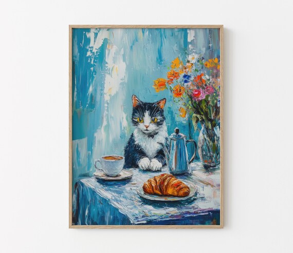 Tuxedo Cat at Blue Cafe Table with Coffee and Croissant Print