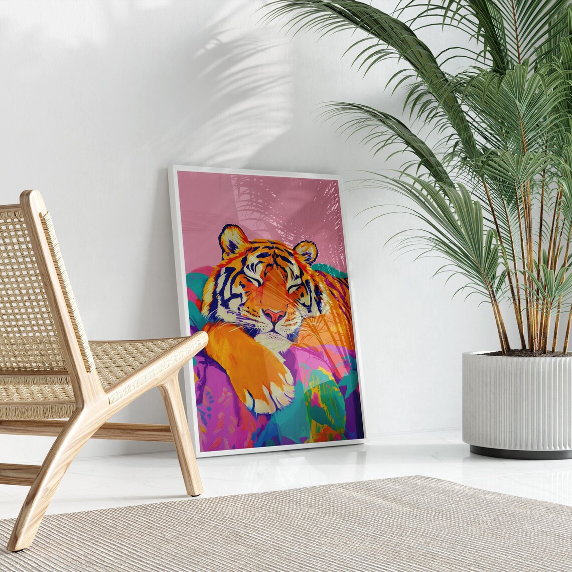 Sleeping Tiger Close Up Front Face Colorful Blanket Modern Poster - Image 3