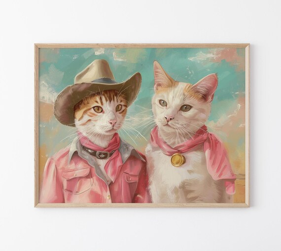 Cowboy Cats in Pink Western Shirts and Cowboy Hats Painting Poster