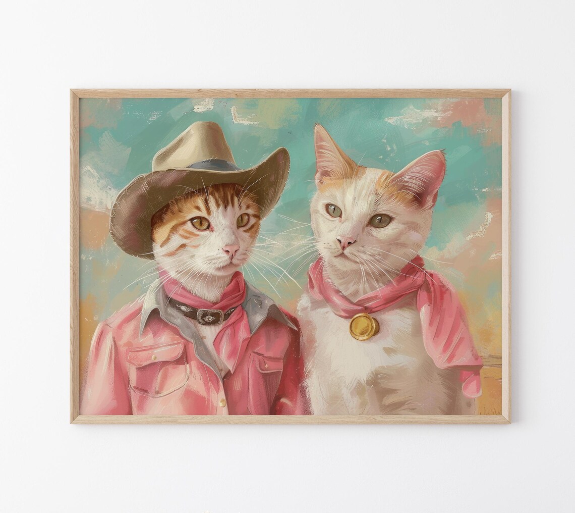Cowboy Cats in Pink Western Shirts and Cowboy Hats Painting Poster