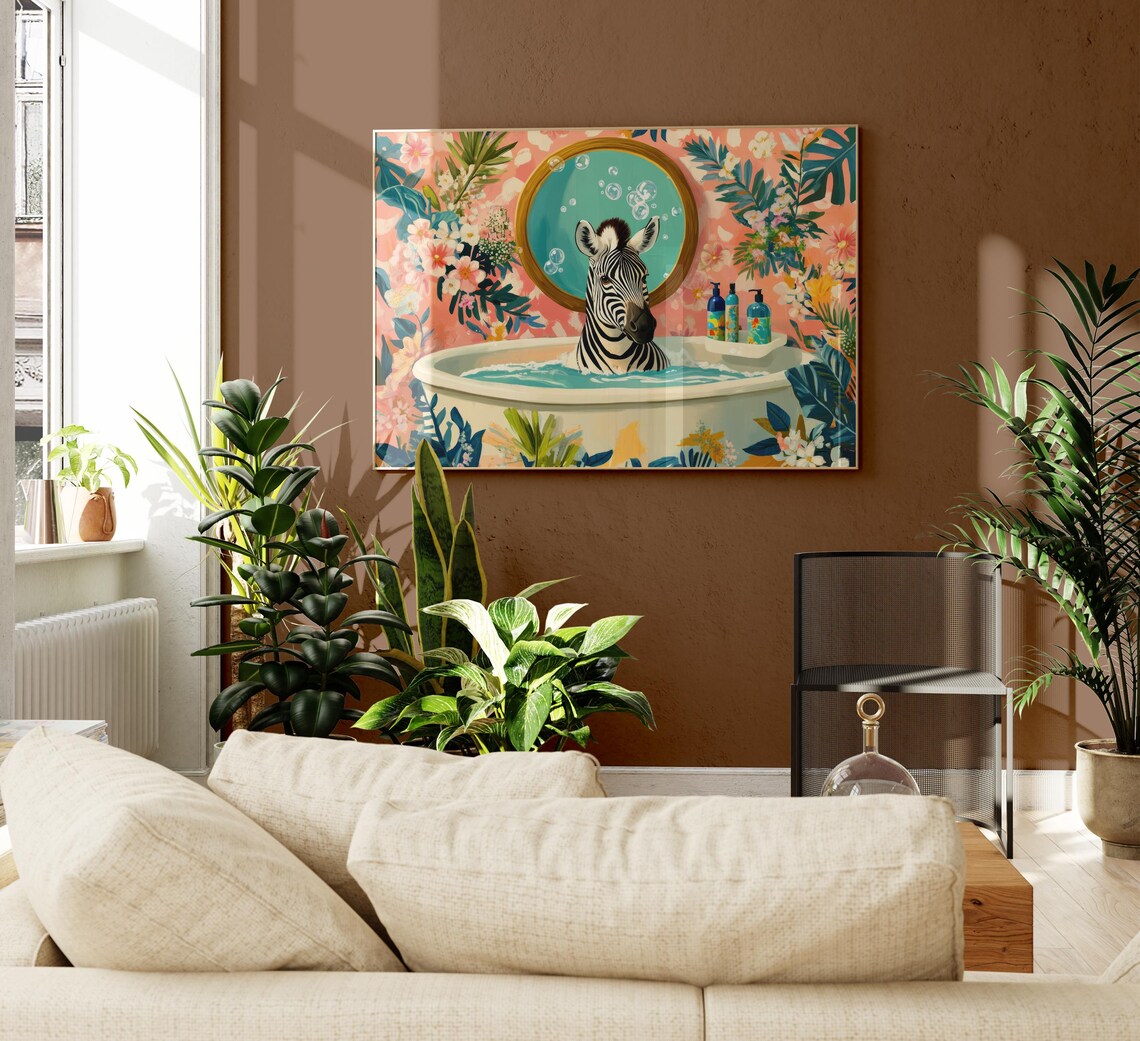 Zebra in a Bubble Bath With Teal Mirror Floral Bathroom Poster - Image 2