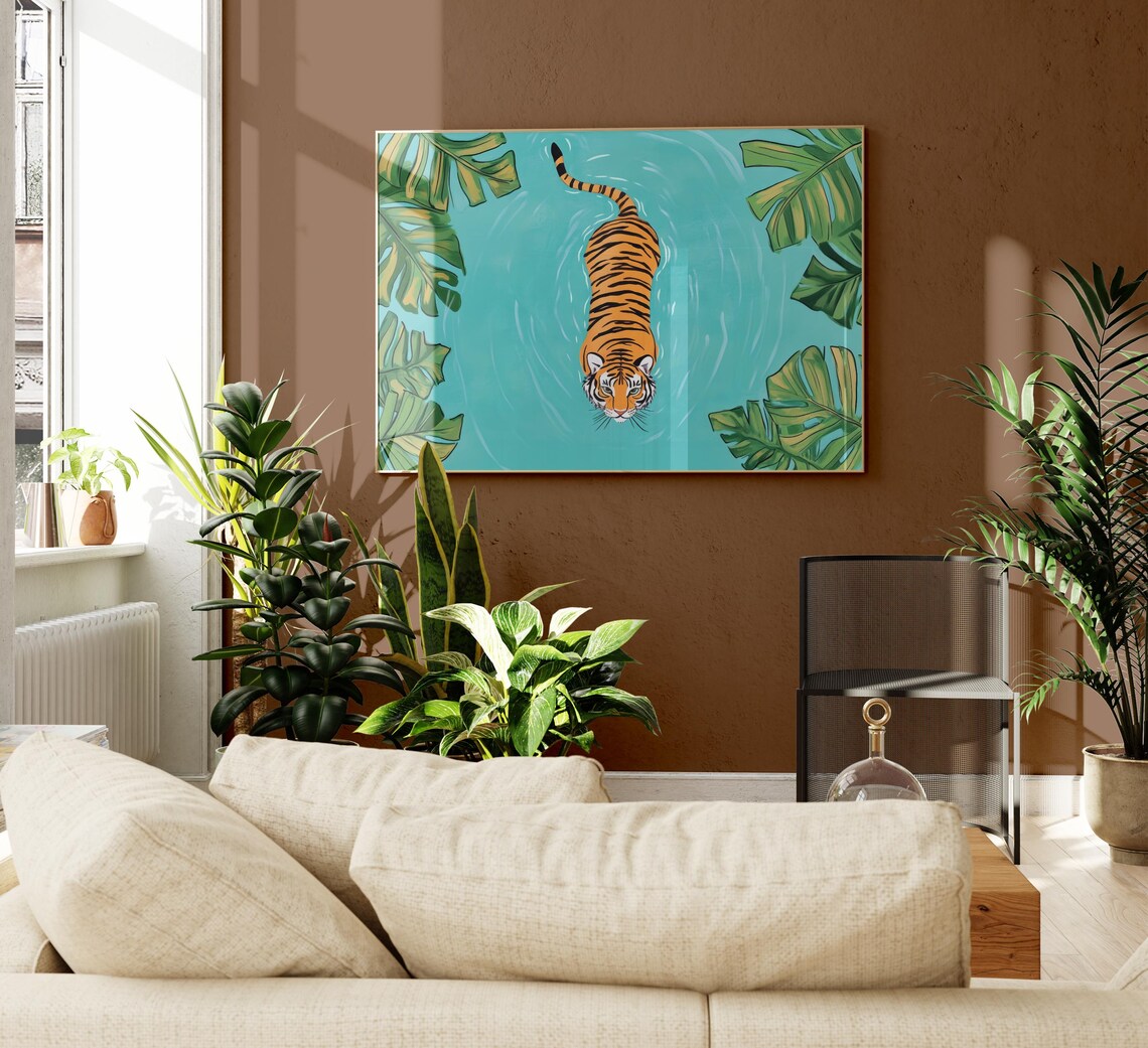 Tiger Swimming in Turquoise Water With Monstera Leaves Poster - Image 2