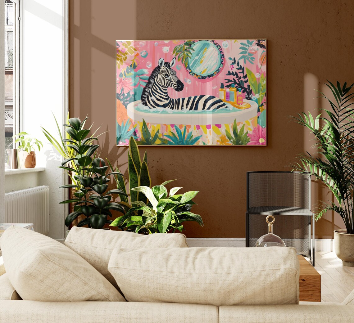 Zebra Lounging Full Length in a Bathtub Pink Tropical Bathroom Poster - Image 2