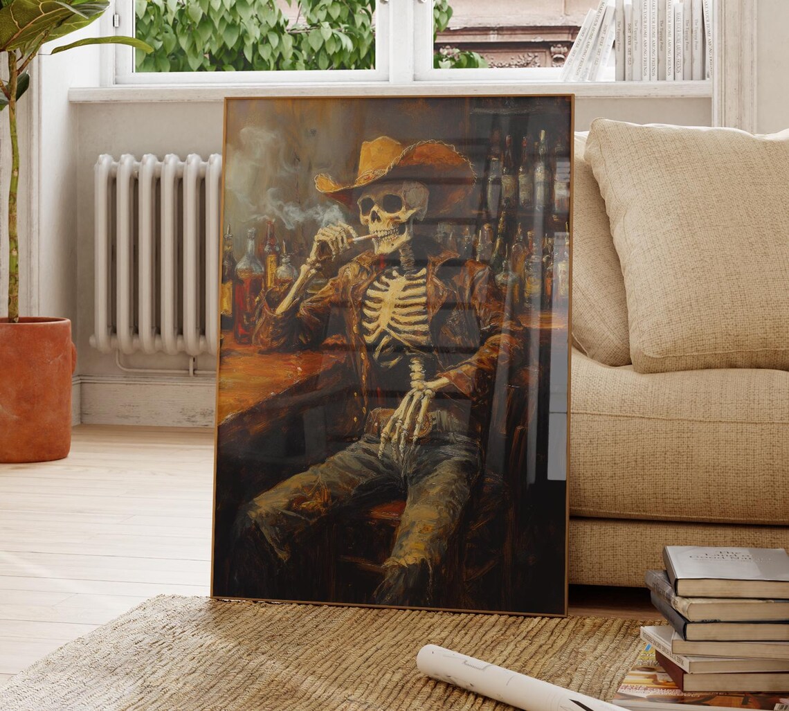 Skeleton Cowboy In A Bar Oil Painting Art Print - Image 4