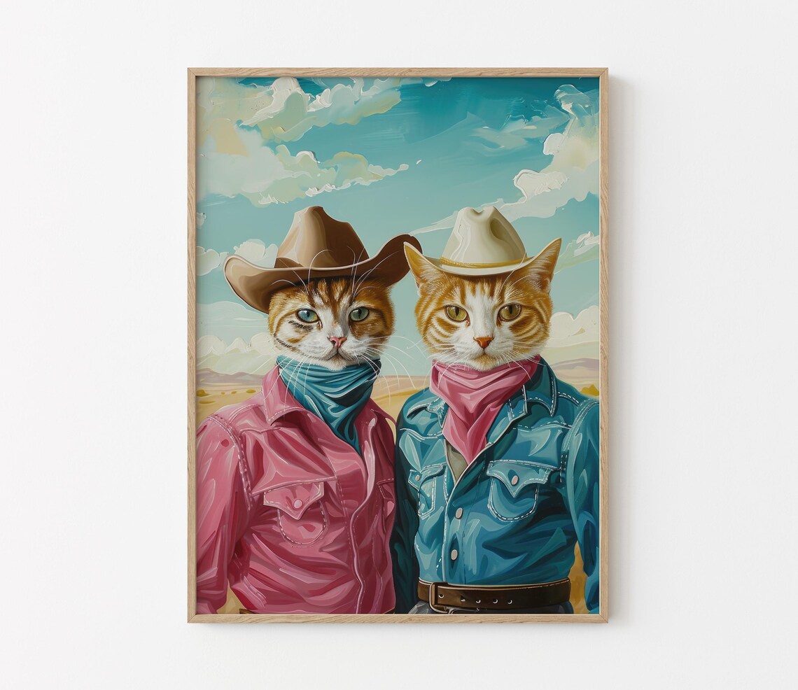 Cowboy Cats Oil Painting Poster with Two Orange Tabby Cowboys