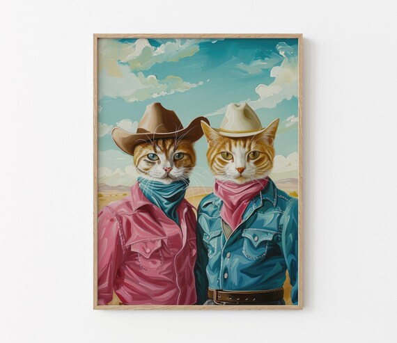 Cowboy Cats Oil Painting Poster with Two Orange Tabby Cowboys