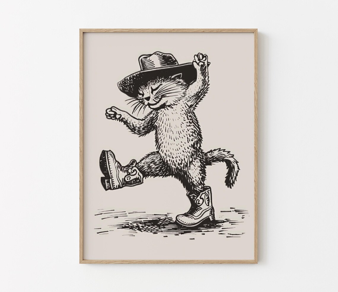 Cowboy Cat Tipping Hat Dance Kick Western Sketch Decor Poster