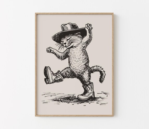 Cowboy Cat Tipping Hat Dance Kick Western Sketch Decor Poster