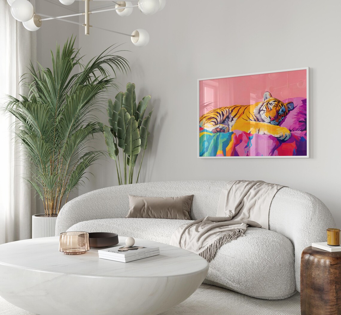 Sleeping Tiger On Purple Pillow Teal Blanket Maximalist Poster - Image 3