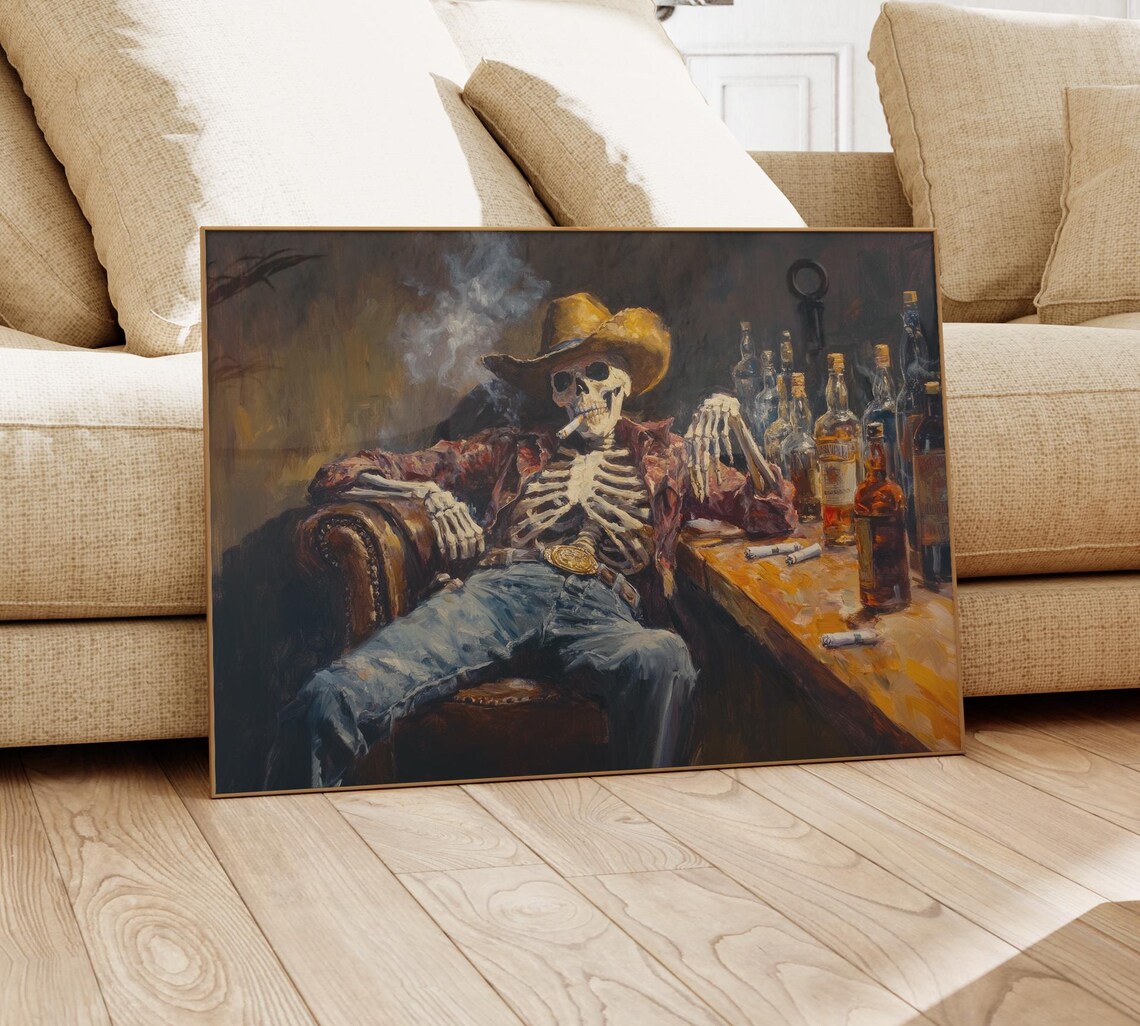 Skeleton Cowboy in a Bar Oil Painting Poster - Image 4