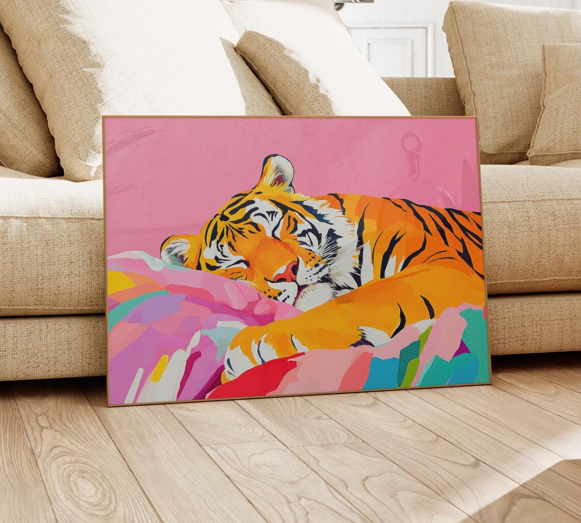 Sleeping Tiger Curled On Rainbow Blanket Colorful Modern Poster - Image 4