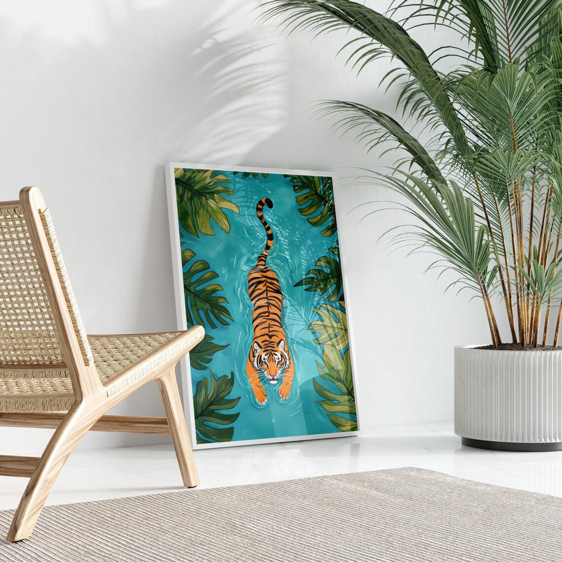Tiger Swimming Down a Turquoise River Monstera Leaves Poster - Image 3