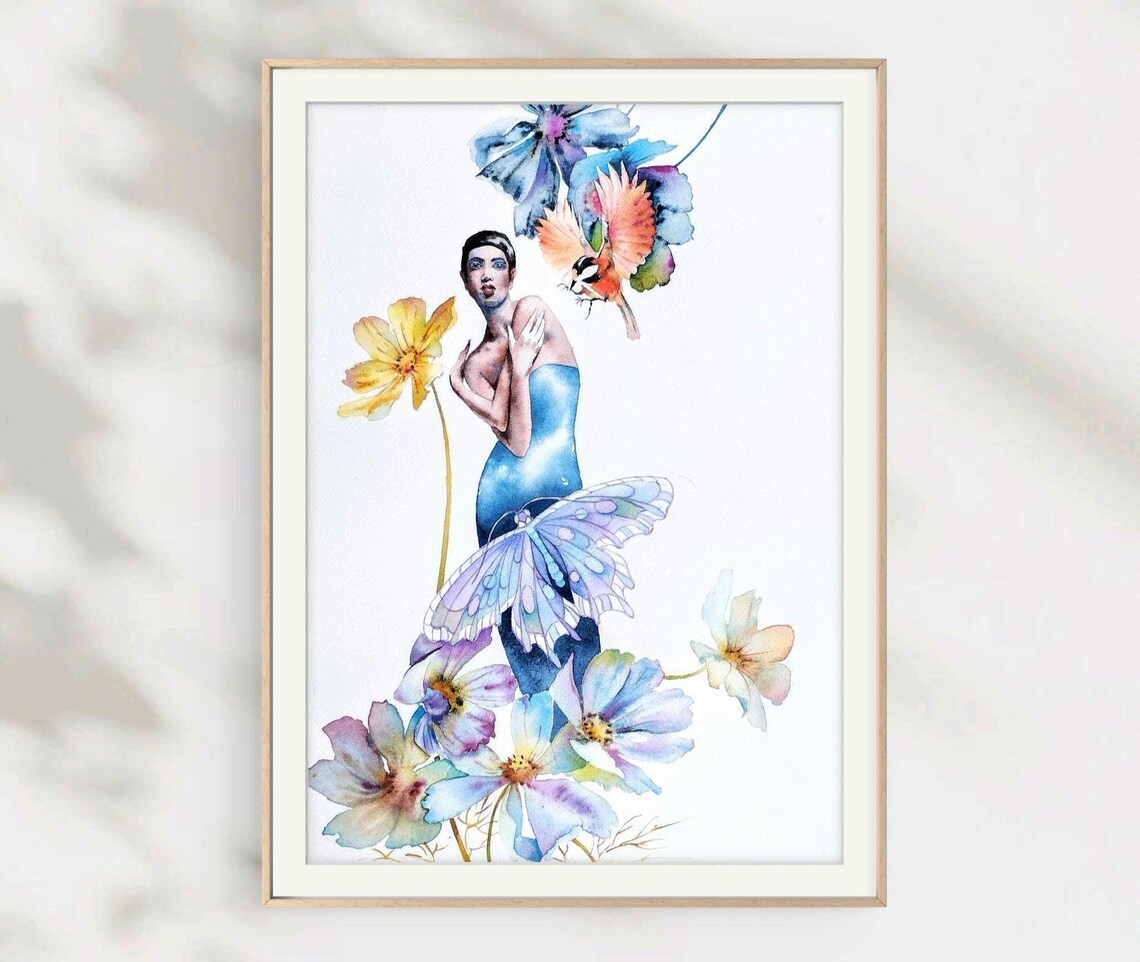 Elegant Woman in Blue Dress With Flowers Butterfly Dreamy Watercolor Poster