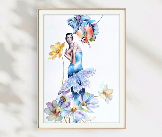 Elegant Woman in Blue Dress With Flowers Butterfly Dreamy Watercolor Poster