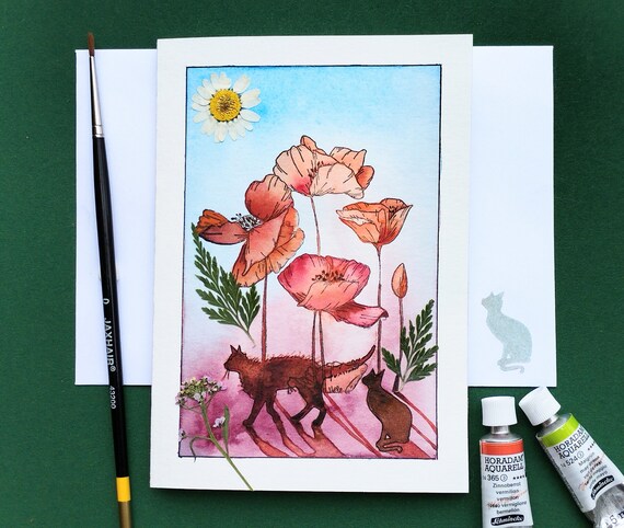 Cats Strolling Under Pink Poppies Dried Flower Art Postcard Style Poster