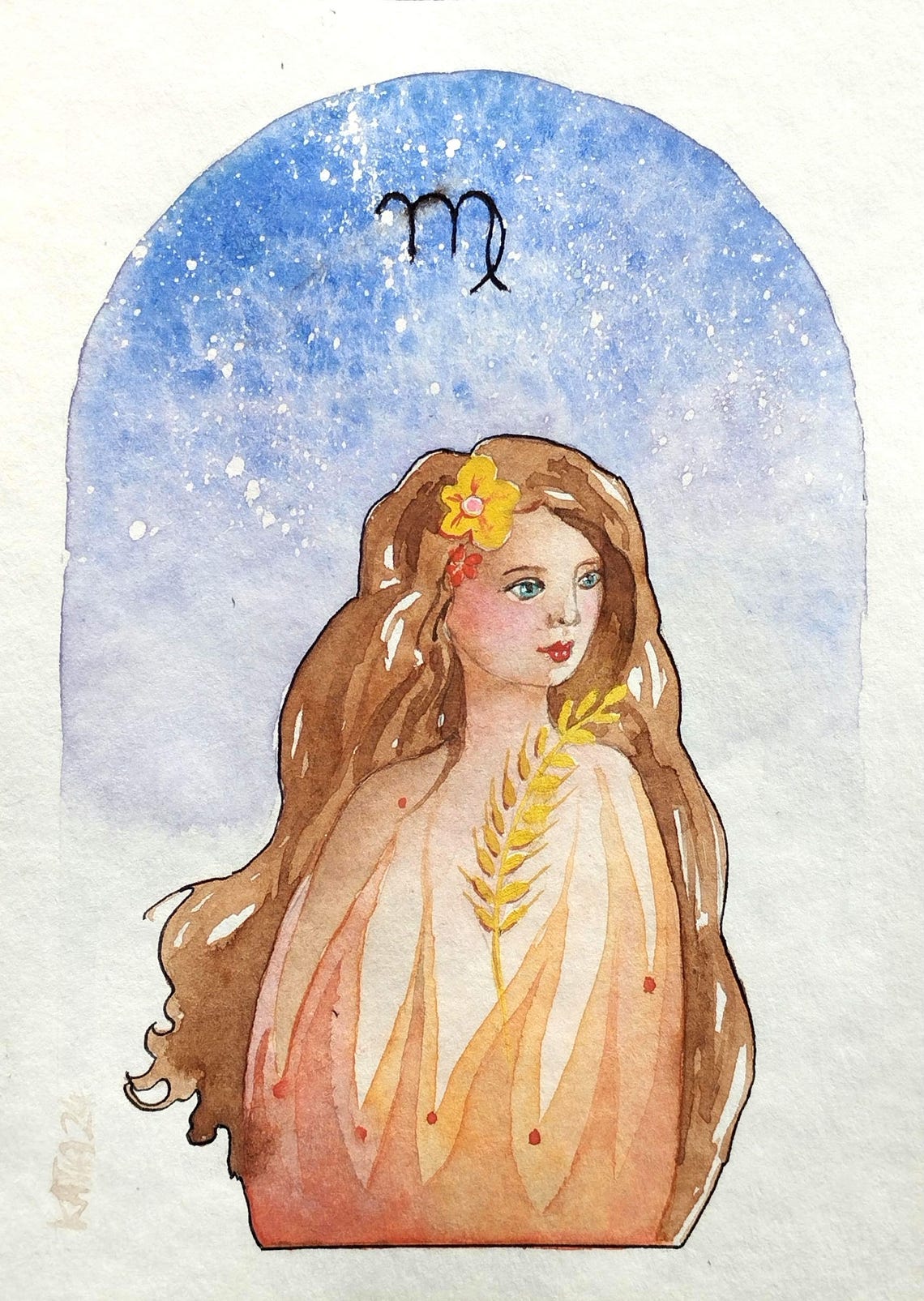 Virgo Zodiac Woman with Wheat Stalk Starry Night Watercolor Poster