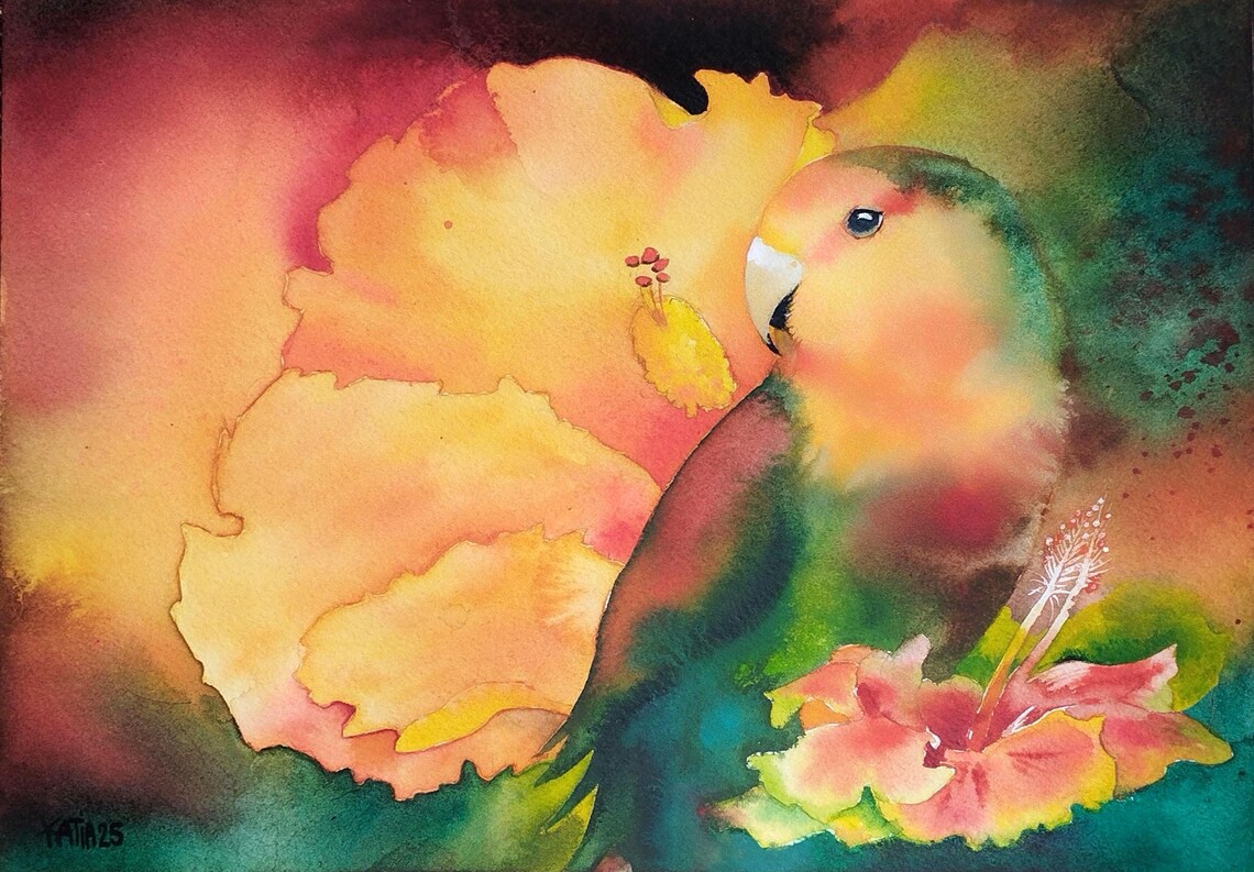 Tropical Lovebird Parrot Among Pink Hibiscus Watercolor Art Poster