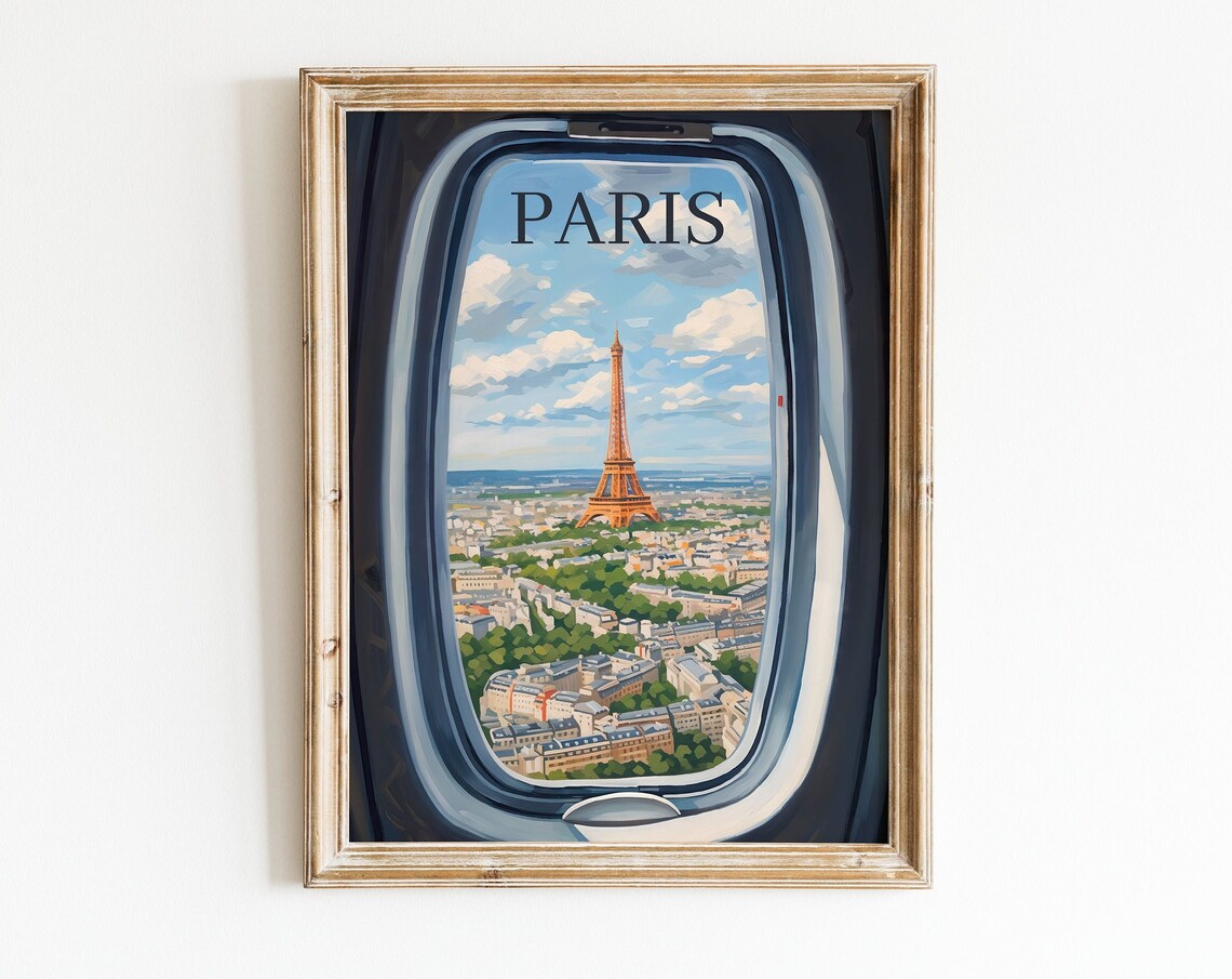 Paris Eiffel Tower Airplane Window View Vintage Oil Painting Poster