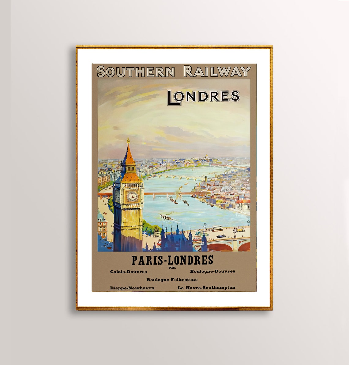 Southern Railway Londres Paris-Londres Vintage Big Ben Travel Poster