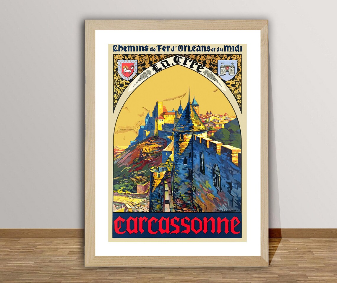 Carcassonne France Vintage Travel Poster, Retro Art Print