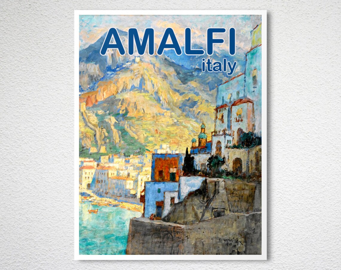 Amalfi Italy Vintage Coastal Travel Poster Cliff Town Painting - Image 2