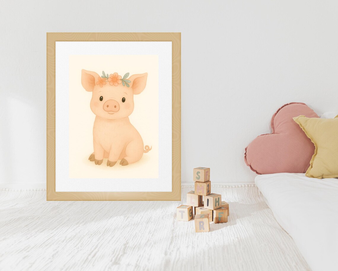 Farmhouse Pig Nursery Print, Boho Animal Poster