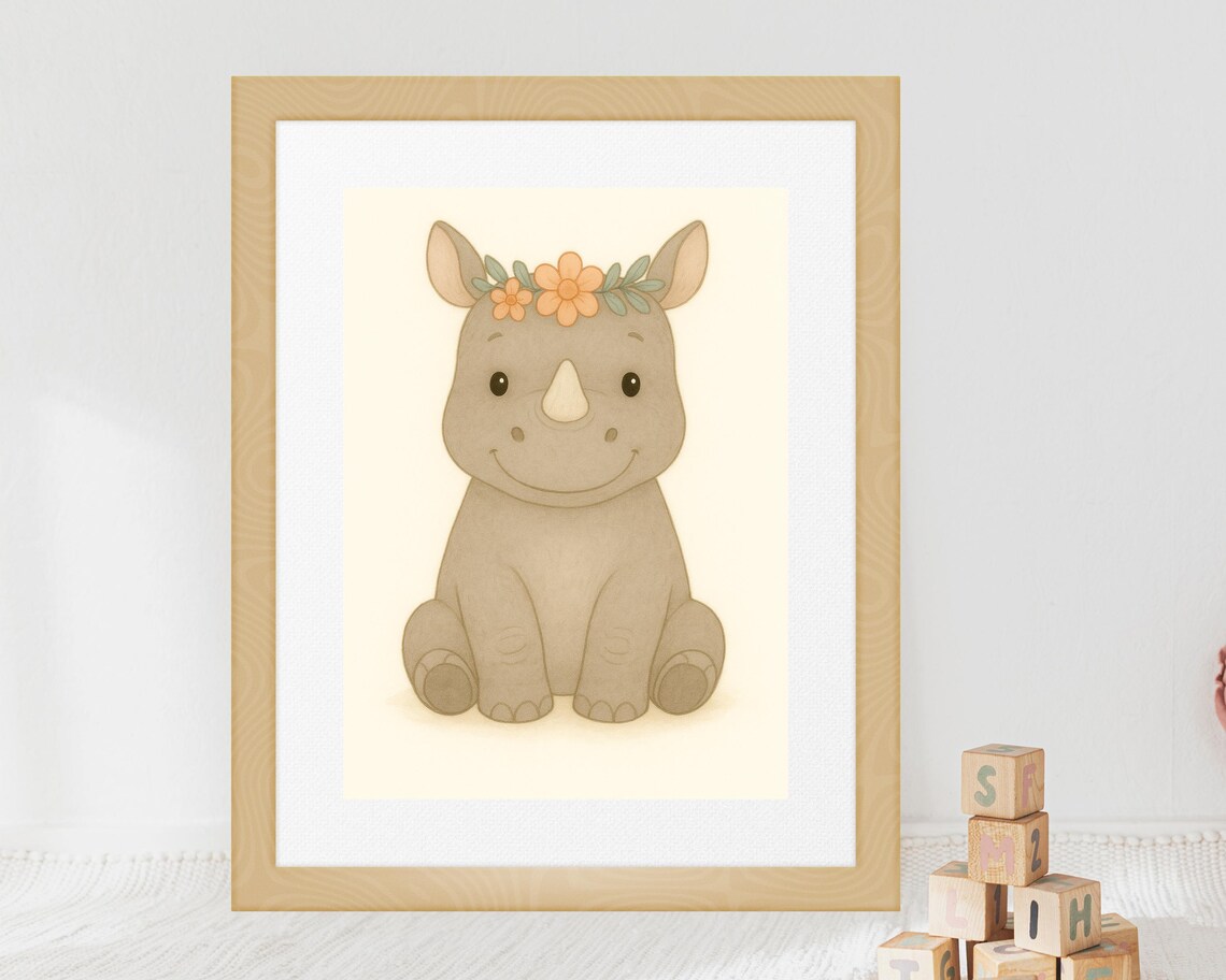 Safari Rhino Watercolor Nursery Wall Art Print