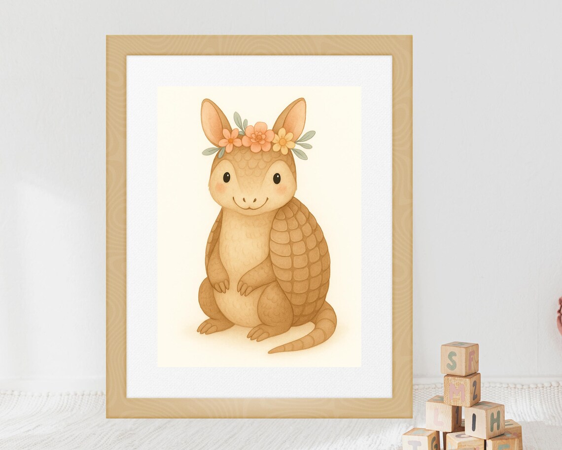 Boho Safari Armadillo Nursery Print, Cute Animal