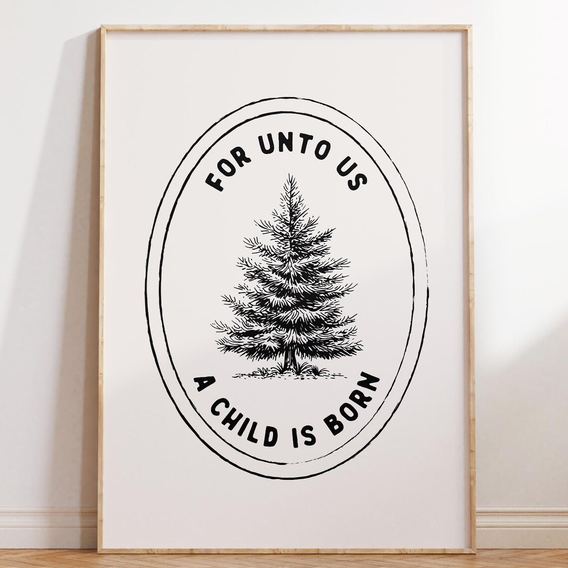 For Unto Us A Child Is Born Christmas Tree Vintage Stamp Style Poster