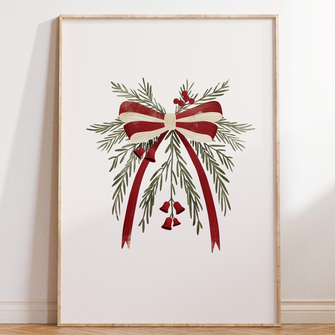 Coquette Christmas Bow Watercolor Pine Berries Festive Holiday Poster