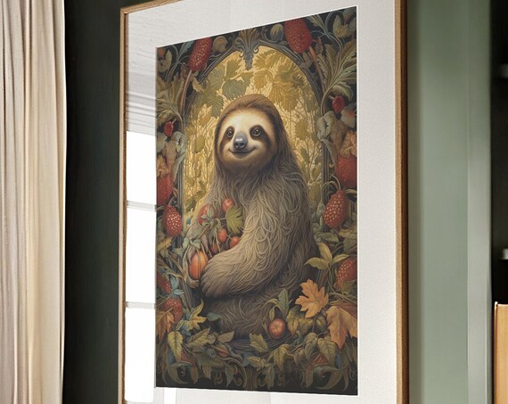 Sweet Smiling Sloth Among Autumn Berries Vintage Botanical Poster