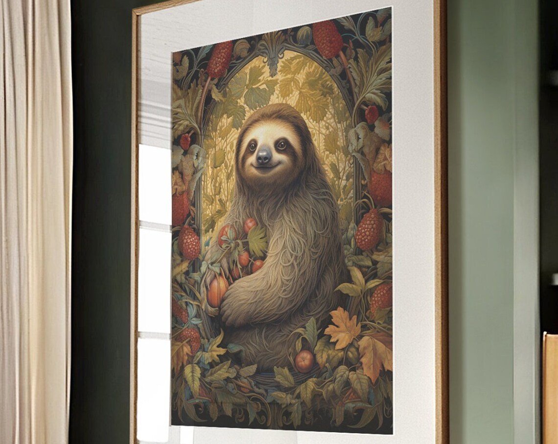 Sweet Smiling Sloth Among Autumn Berries Vintage Botanical Poster
