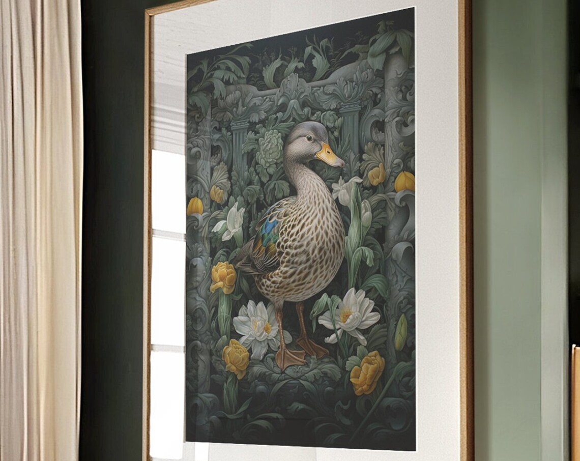 Mallard Duck Among Carved Stone Arch and White Blooms Art Print