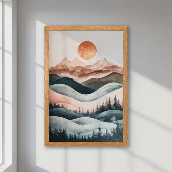 Framed Abstract Poster Modern Boho Watercolor Mountains Print Trendy Wall Art Pastel Green And Orange Art For Bedroom Decor Gift