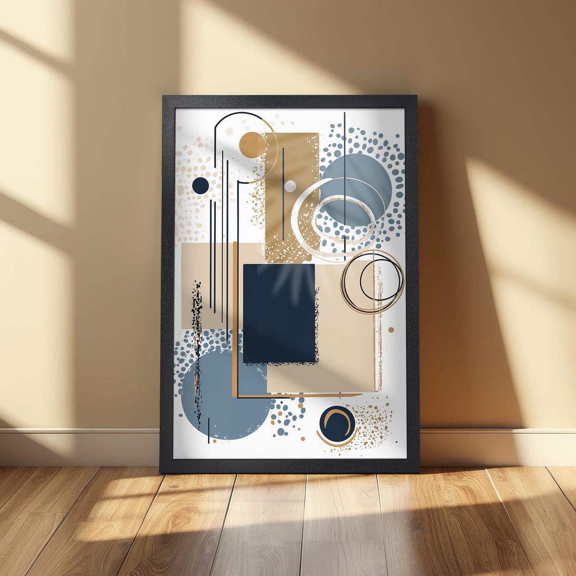 Framed Abstract Poster Geometric Minimalist Art In Blue Gold And Beige Modern Stylish Print Elegant Office Decor Unique Gift Idea - Image 2