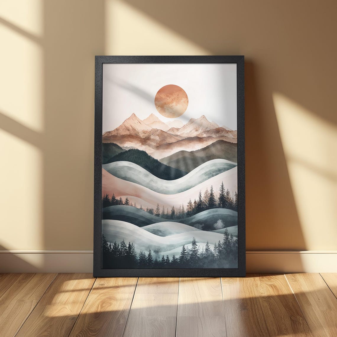 Framed Abstract Poster Modern Boho Watercolor Mountains Print Trendy Wall Art Pastel Green And Orange Art For Bedroom Decor Gift - Image 2