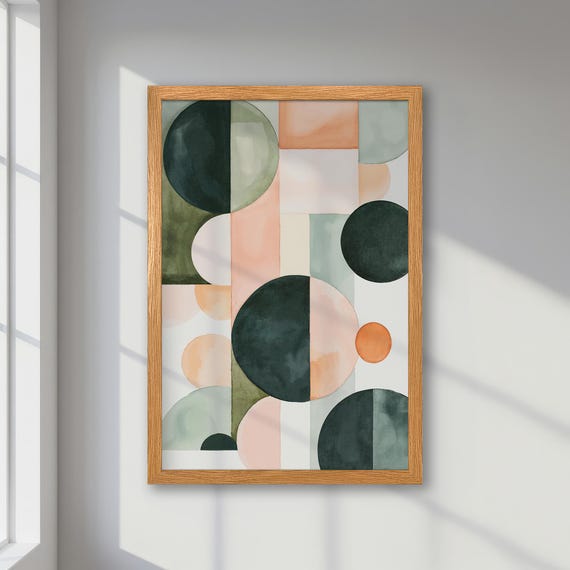 Pastel Geometric Shapes Framed Abstract Poster Green Pink Orange Circles Print Modern Office Decor Unique Holiday Gift