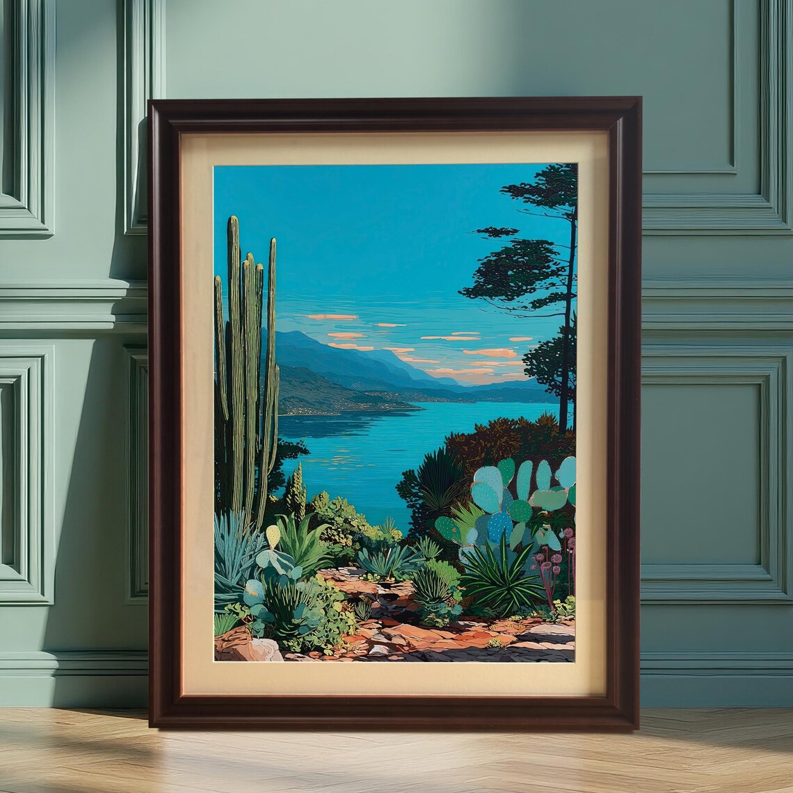 Desert Cactus Coast With Turquoise Bay at Dusk Travel Poster