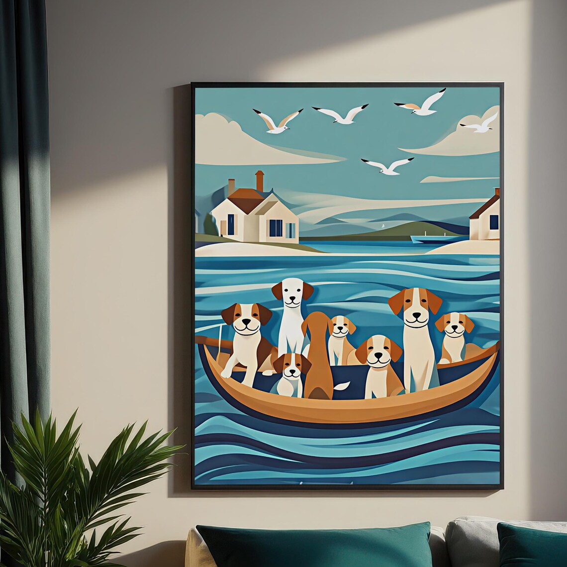 Cute Dogs Sailing Boat Coastal Scene Beagle Pack Fun Art Poster