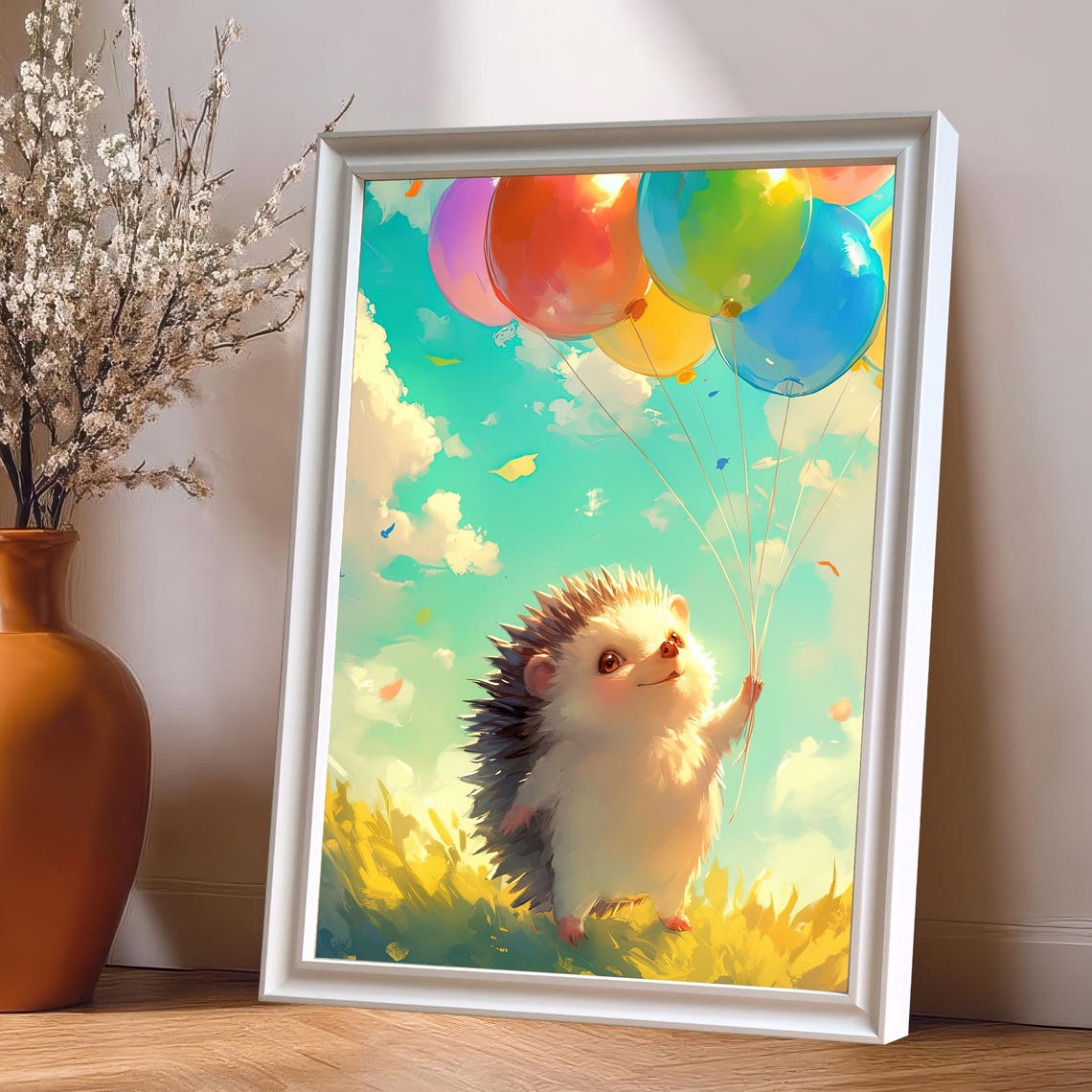 Cute Hedgehog Holding Colorful Balloons Sunny Meadow Art Poster
