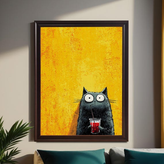 Funny Black Cat Holding Red Drink Quirky Illustration Poster
