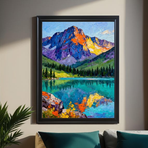 Vibrant Mountain Lake Oil Painting Print Nature Landscape Wood Framed Wall Art Giclee Decor
