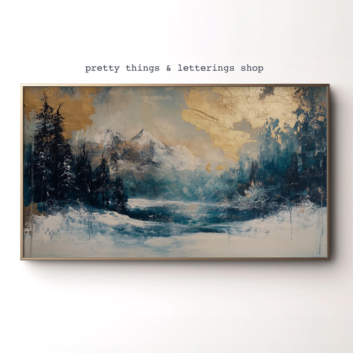 Moody Gold Mountain Landscape Painting Frame Tv Gold Leaf Accent