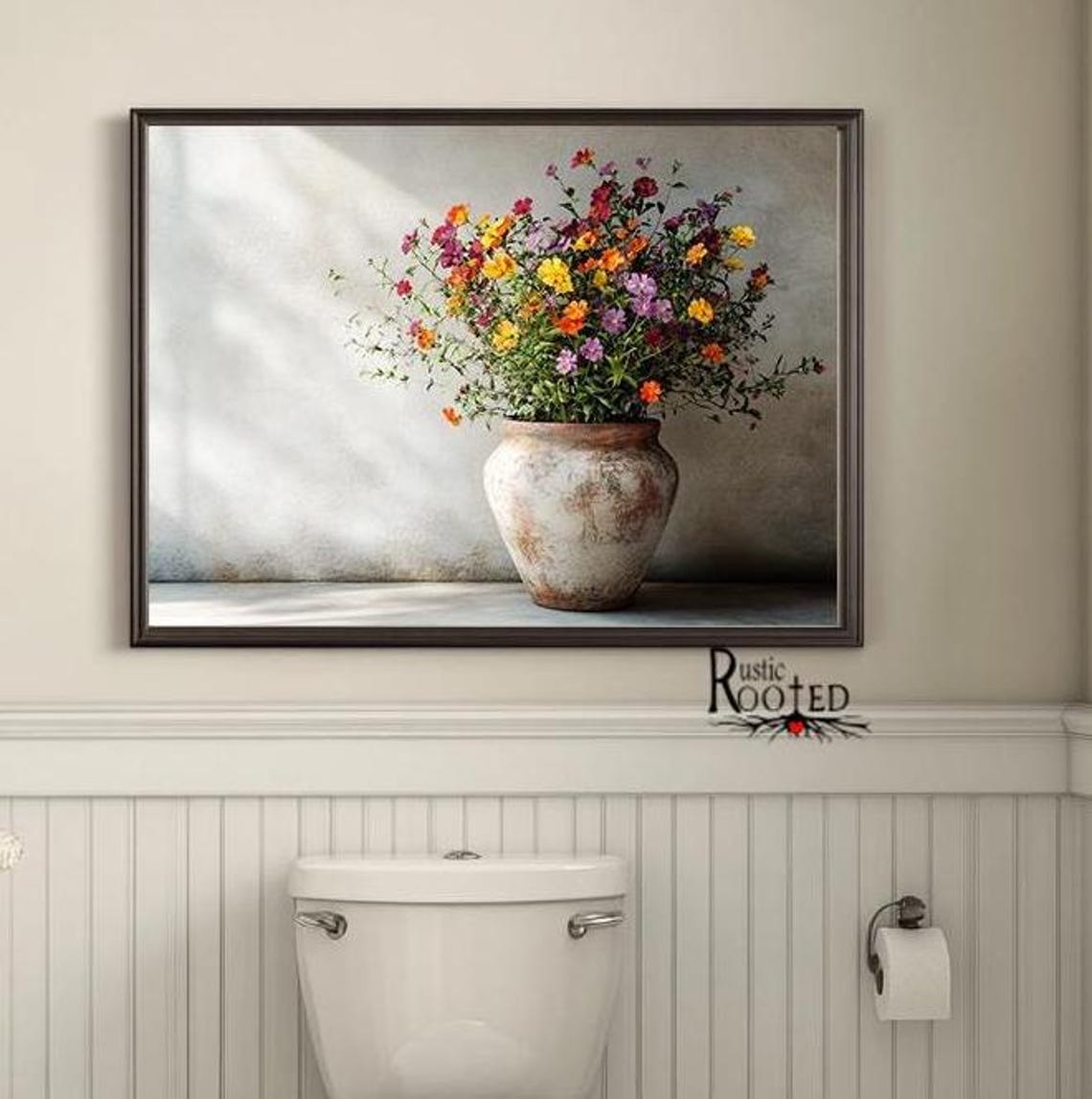 Colorful Wildflowers in a Rustic Clay Pot Farmhouse Photo Poster