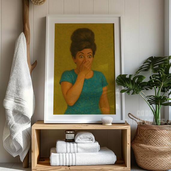 Funny Vintage Beehive Lady Wall Art Impasto Oil Style Bathroom Humor Print Retro Shocked Woman Nose Cover Decor