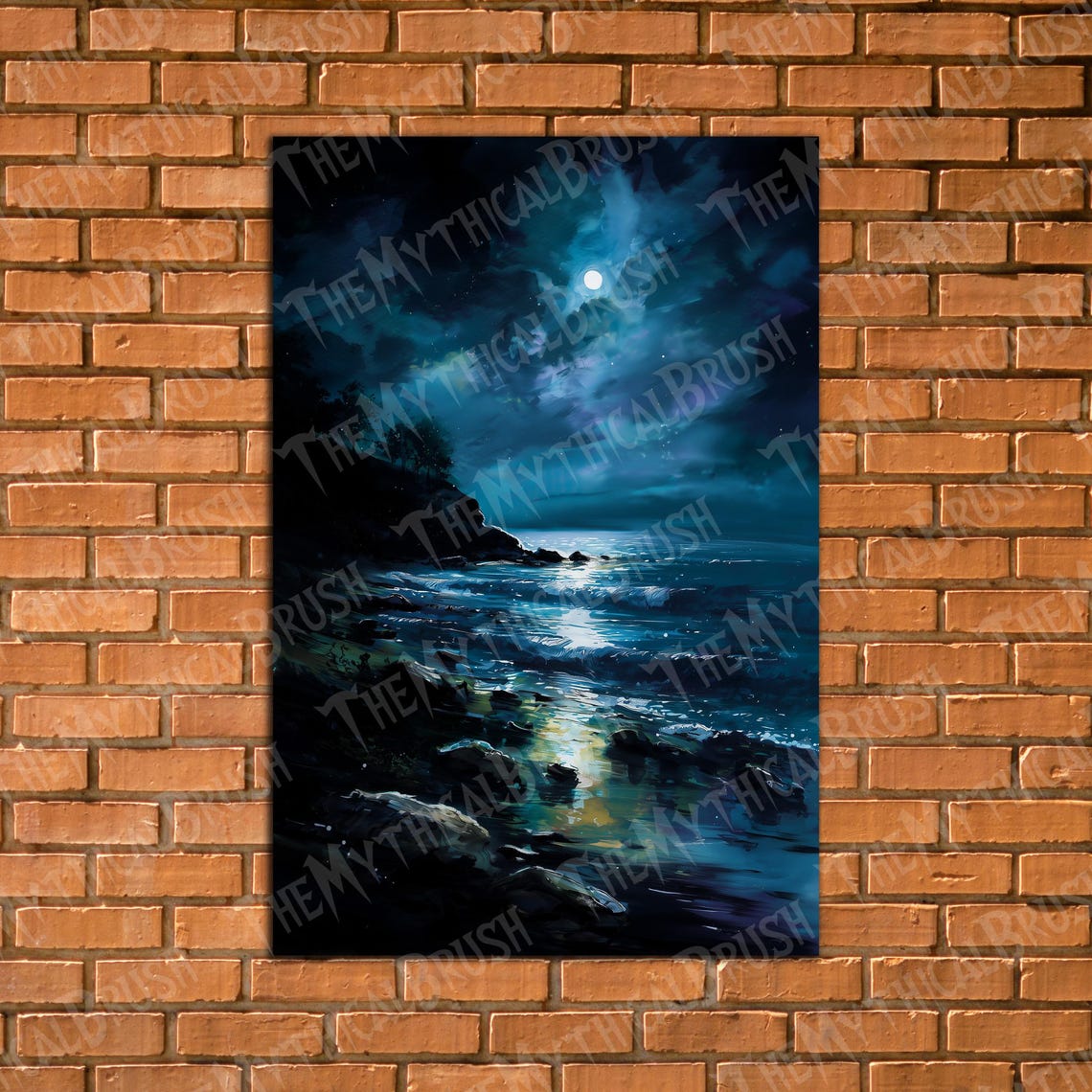 Moonlight Ocean Rocky Shoreline Night Watercolor Seascape Poster